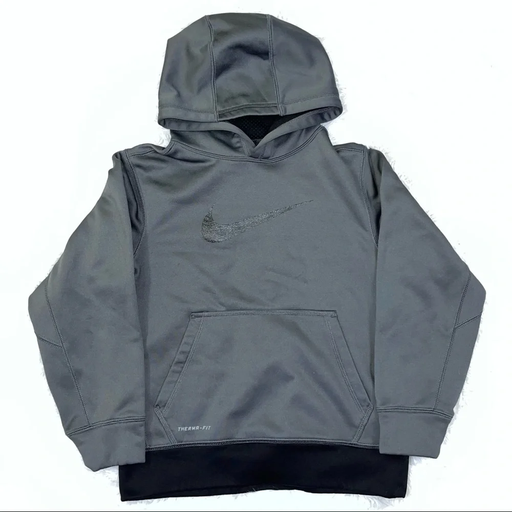 NIKE Kids Youth Therma Fit Hoodie Pullover Gray Black Medium